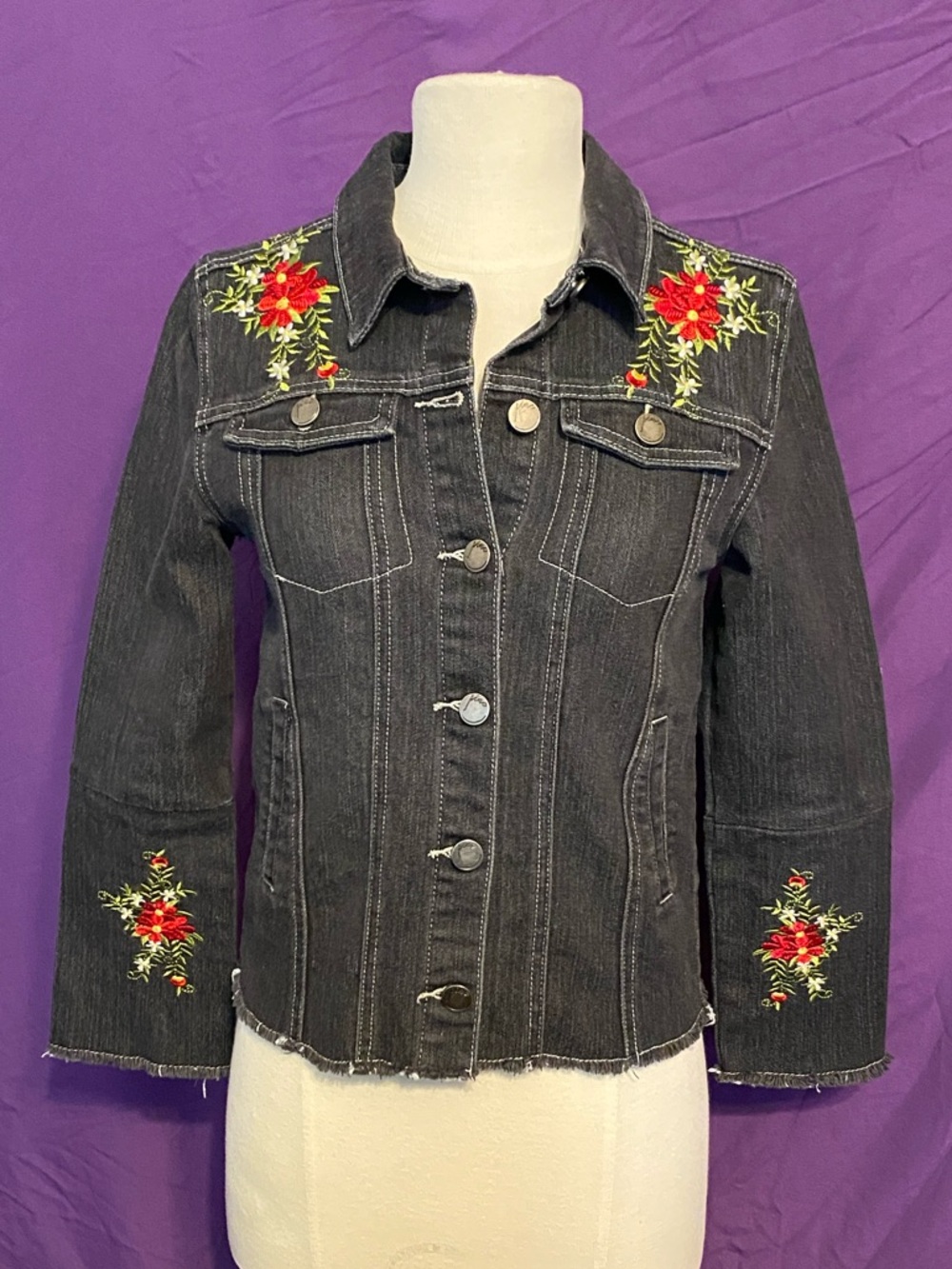 Pinc Premium Black Denim Jacket with Red Floral Embroidery. Size XL.